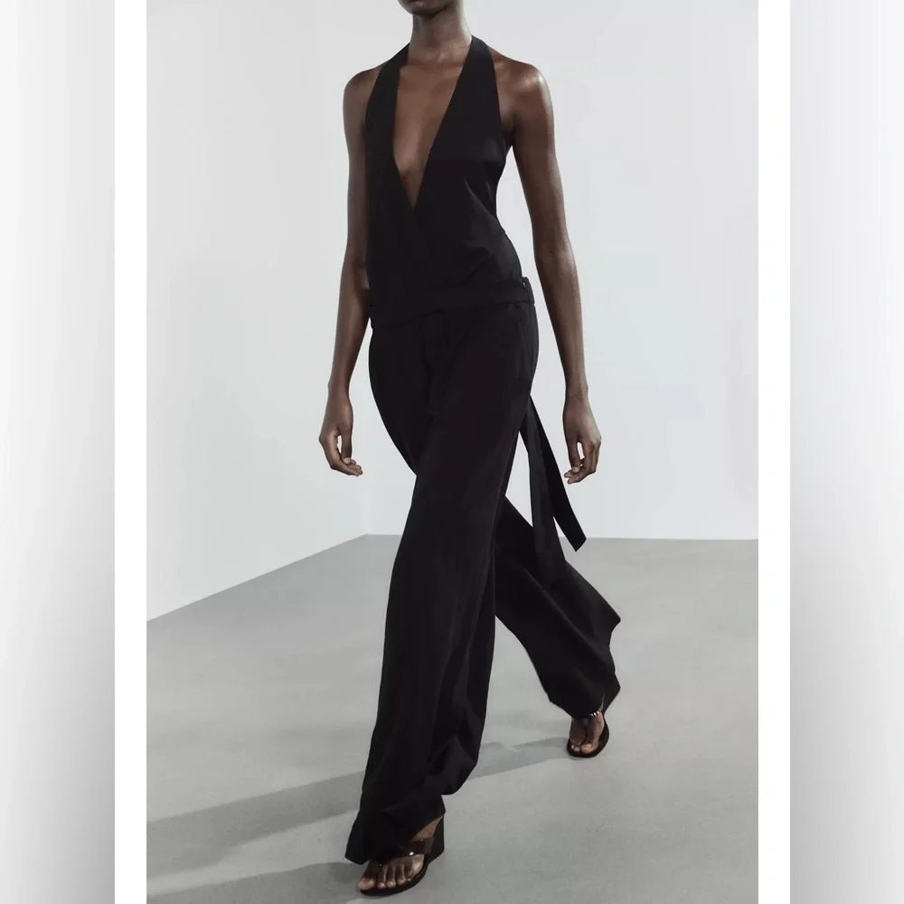 ZARA LONG OPEN BACK JUMPSUIT Black Cotton/Linen Blend XL NWT
